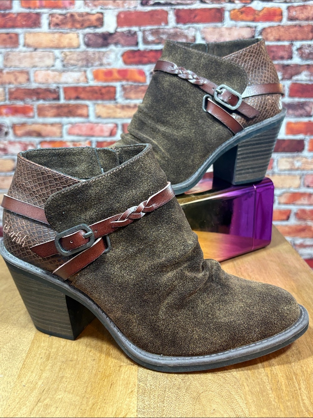 Blowfish “Lama” Brown Suede Ankle Booties Braided Buckle Strap Size 7.5